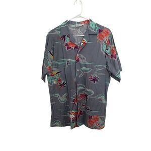 Vintage Angelica Hawaiian Shirt Mens M Gray Tropical Floral Camp Collar USA Made